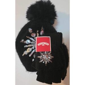 Black Winter Pom Pom soft beanie hat & glove set silver snowflake one size NWT